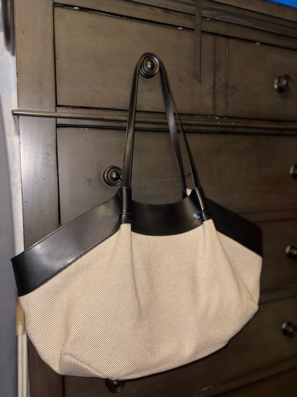 H & M Canvas and Black Leather Trim Tote Bag - Beige/Black